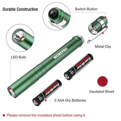 WORKPRO LED Pen Light, Aluminum Pen Flashlight, Pocket Flashlight with Clip - color: Green
