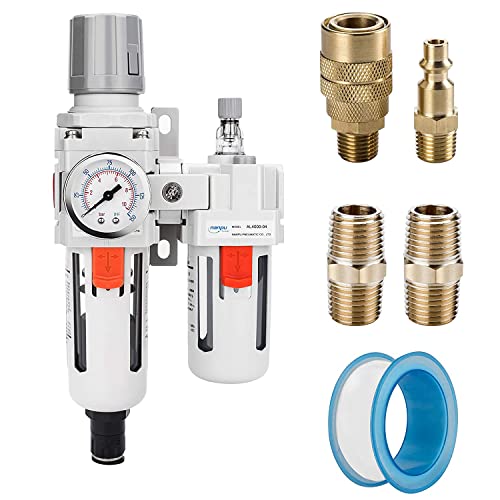 NANPU 1/2" NPT Air Filter Regulator Lubricator Combo, Water Separator - size: 1/2" NPT, style: Auto Drain, Metal Coupler & Plug