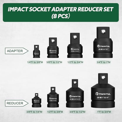 8 Pcs Impact Socket Adapter & Reducer Set, CR-MO, 1/4", 3/8", 1/2", 3/4", 1" Drive Socket Adapter Set with Blow Molded Case for Mechanic, Industrial Repair, Socket, Wrench, Driver Conversions