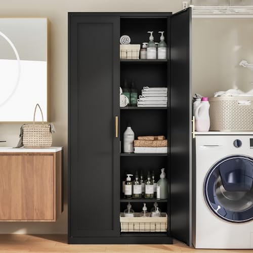 BESFUR Kitchen Pantry Cabinet,71” Metal Tall Pantry Storage Cabinet with Doors and 4 Adjustable Shelves,Kitchen Storage Cabinets Black Freestanding Food Cabinet for Pantries, Kitchen - color: Black, size: 71"H x 28"W x 14"D