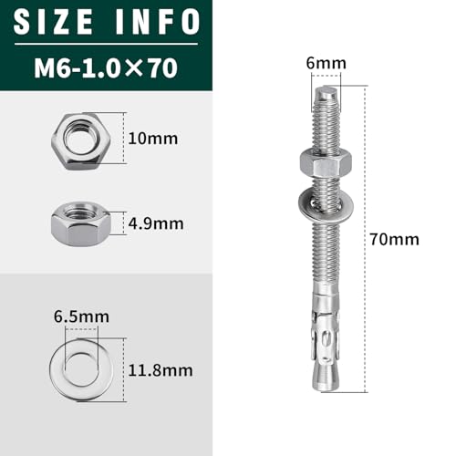 12-Pack M6-1.0 x 70 Wedge Anchors, Stainless Steel 304 (18/8), Concrete Anchor for Heavy-Duty Projects - size: M6-1.0 x 70