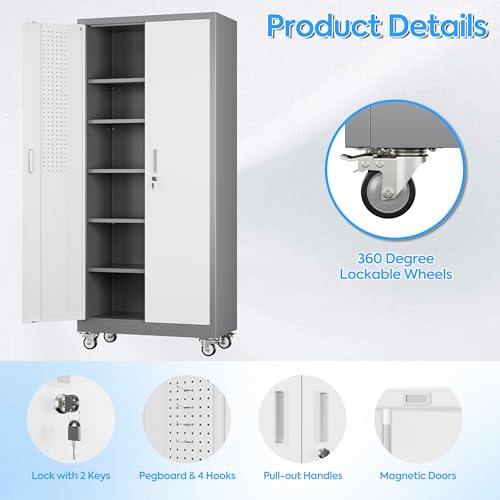 Reemoon 71" H Metal Garage Storage Cabinet with Wheels,Grey&White - color: White, size: 31.5" W x 16" D x 71" H