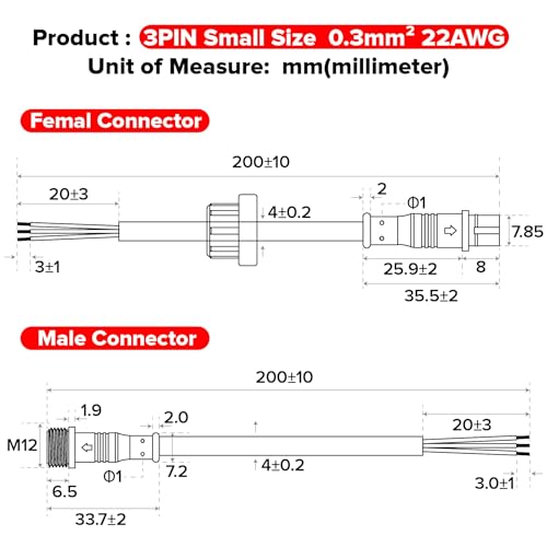 BTF-LIGHTING 3 Pin Electrical Connector 22AWG IP65 Male Female Connector 7.87in/20cm Extension Cable for Car,Truck,Boat,Indoor/Outdoor LED Strip Lights/String 15mm Nut Small Size 5 Pairs - size: 3 PIN Small Size