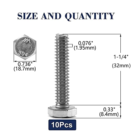 1/2-13 x 1-1/4" Hex Head Screw Bolt, 10Pcs 18-8 (304) Stainless Steel, Fully Threaded, Plain Finish, by SG TZH - size: 1/2-13 x 1-1/4"