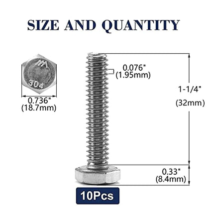 1/2-13 x 1-1/4" Hex Head Screw Bolt, 10Pcs 18-8 (304) Stainless Steel, Fully Threaded, Plain Finish, by SG TZH - size: 1/2-13 x 1-1/4"