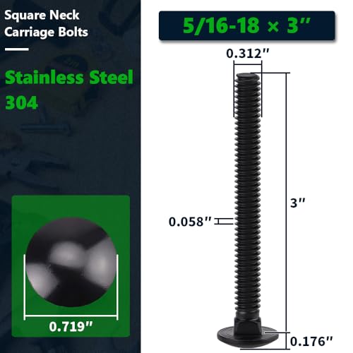 10 Sets 5/16-18 x 3" Carriage Bolts and Nuts & Flat Washers, 304 Stainless Steel 18-8, Black Coated, Heavy Duty Bolts for Home & Machinery Assembly & Repair, Automobile, by RoyceMart - size: 5/16-18 x 3"
