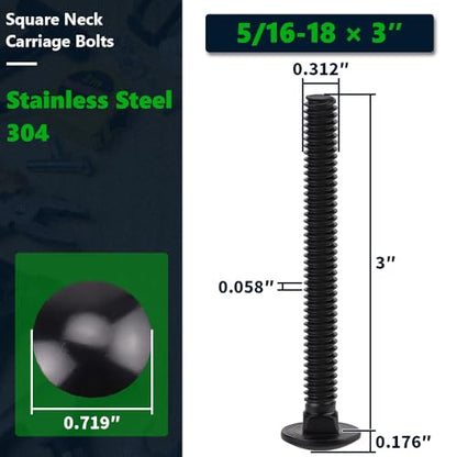 10 Sets 5/16-18 x 3" Carriage Bolts and Nuts & Flat Washers, 304 Stainless Steel 18-8, Black Coated, Heavy Duty Bolts for Home & Machinery Assembly & Repair, Automobile, by RoyceMart - size: 5/16-18 x 3"