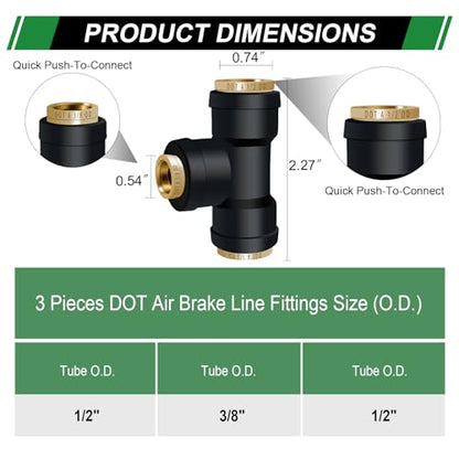 1/2" DOT Air Line Fittings Tee 3PCS, 1/2" OD x 1/2" OD x 3/8" OD - color: 1/2" * 1/2" * 3/8" 3PCS