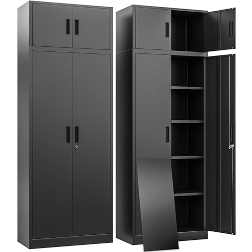 BESFUR Metal Storage Cabinet 87" H,Tall Locking Storage Cabinets with Top Cabinet and 4 Adjustable Shelves for Home Office, Garage,School, Apartment, Warehouse, Utility Room，Black - color: Black, size: 87"H x 31.5"W x 15.8"D