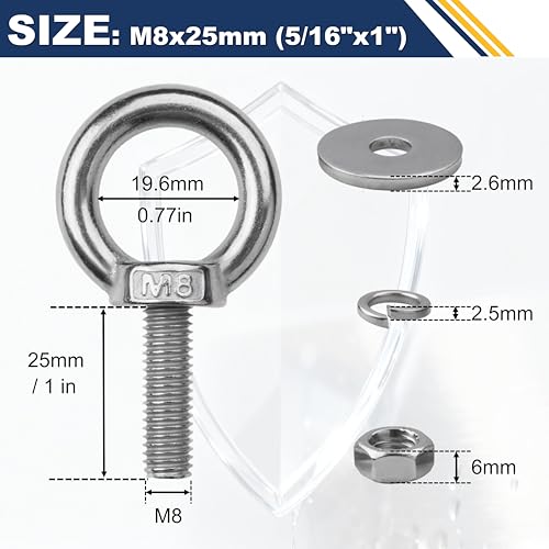 8 Pack M8 Stainless Steel Eye Bolts with Nuts, 5/16" x 1" Eye Bolts - size: M8x26mm (5/16"x1")