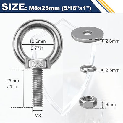 8 Pack M8 Stainless Steel Eye Bolts with Nuts, 5/16" x 1" Eye Bolts - size: M8x26mm (5/16"x1")