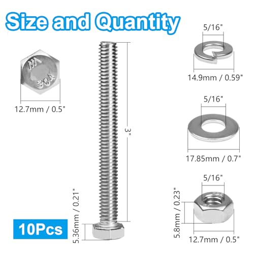 MroMax 10 Sets 5/16-18 x 3" Hex Head Screw Bolt, Nuts, Flat Washer & Spring Lock Washers Kits,Fully Threaded, Stainless Steel 18-8（304）, Bright Finish - size: 5/16-18 x 3" (10 Sets)