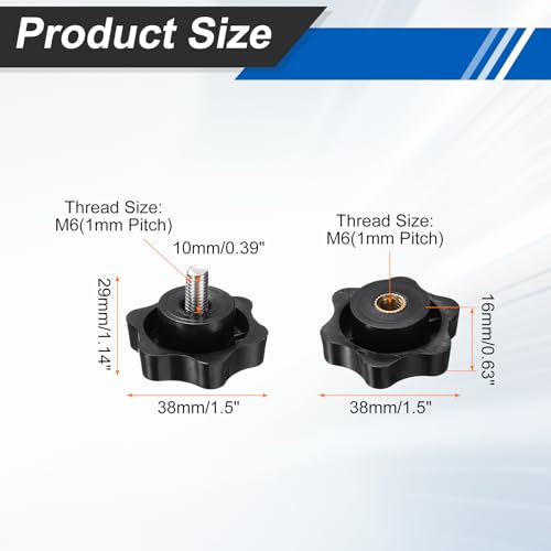 HARFINGTON Star Knobs M6 x 10mm Male + M6 Female Thread 38mm Head 2 Set - size: M6 x 10mm + M6 x 38mm
