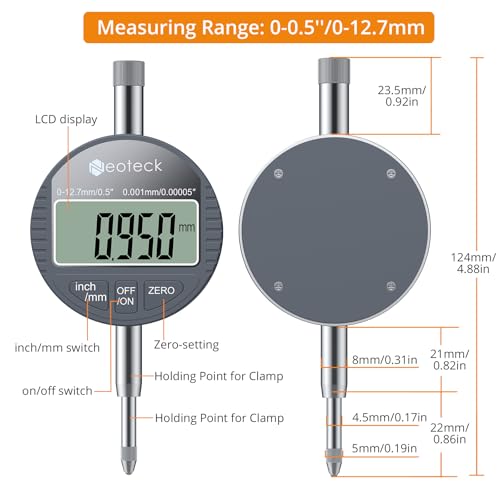 Neoteck 12.7mm/0.5" Digital Dial Indicator with 0.001mm/0.00005" Resolution - color: Silver Gray, size: 0-0.5''/0.00005''