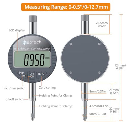 Neoteck 12.7mm/0.5" Digital Dial Indicator with 0.001mm/0.00005" Resolution - color: Silver Gray, size: 0-0.5''/0.00005''