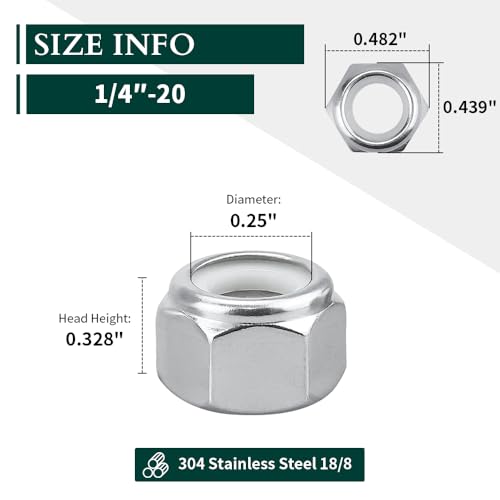 1/4"-20 Nylon Lock Nuts, 304 Stainless Steel (18-8) Hex Insert Locknuts, UNC Coarse Thread, Anti-Vibration for Automotive & Home Repair, 50 Pack - size: 1/4"-20