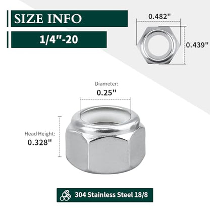 1/4"-20 Nylon Lock Nuts, 304 Stainless Steel (18-8) Hex Insert Locknuts, UNC Coarse Thread, Anti-Vibration for Automotive & Home Repair, 50 Pack - size: 1/4"-20
