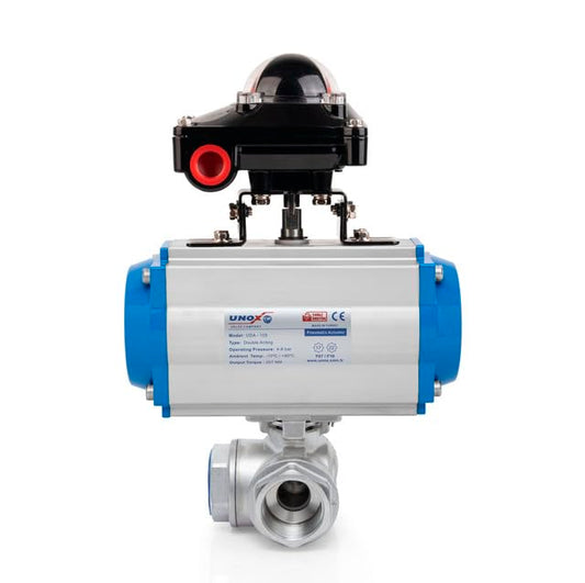 UNOX 1-1/2" Double Acting Pneumatic Actuated T Port 3 Way Ball Valve, SS304 Stainless Steel, Threaded NPT With Limit Switch Box, Industrial Use - color: With Limit Switch Box, size: 1 1/2"