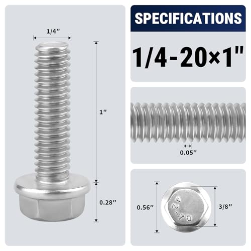 1/4-20 x 1 Flange Hex Bolts, 304 Stainless Steel 18-8, A2-70 Grade, Non-Serrated Flange Bolts for Automotive Repair, Fully Threaded, 20 Pcs - size: 1/4-20 x 1