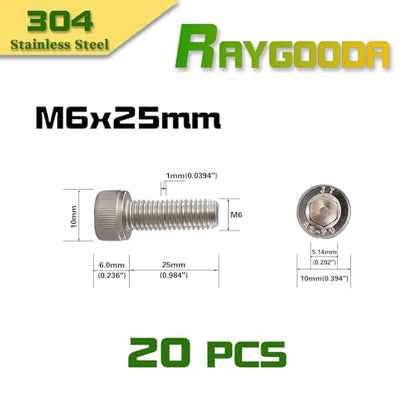 M6x1.0 x 25mm Socket Head Cap Screws Metric, 304 Stainless Steel (A2-70), Allen Socket Drive, Bright Finish, Full Thread, Rust & Corrosion Resistant, for Automotive, Machinery & DIY, 20 PCS - size: M6x25mm (20 PCS)