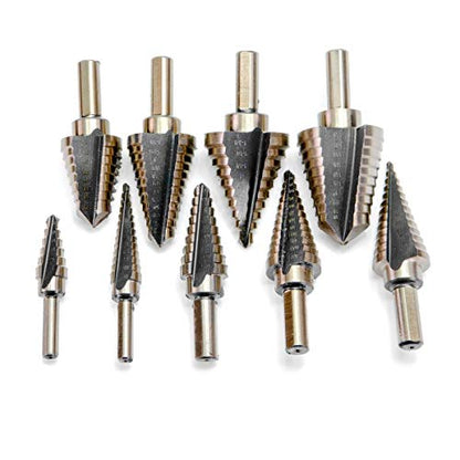 XtremepowerUS 9-Piece HSS Titanium Step Drill Bit Set, SAE Step Bits for Metal, Wood & Plastic, Double-Flute Spiral Design with Aluminum Storage Case - size: Extra Large