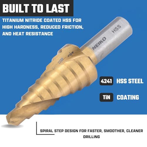 NEIKO 10606A Step Drill Bit, 9 Steps 1/4" to 3/4" Spiral High Speed Steel, Titanium Nitride Coated, 3/8" Tri Flat Step Bits for Steel, Metal, Wood, Plastic, Unibit Cone Drill Bits, Two Flute - size: #3 (1/4 - 3/4", 9S), style: Spiral