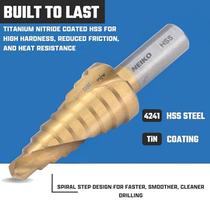 NEIKO 10606A Step Drill Bit, 9 Steps 1/4" to 3/4" Spiral High Speed Steel, Titanium Nitride Coated, 3/8" Tri Flat Step Bits for Steel, Metal, Wood, Plastic, Unibit Cone Drill Bits, Two Flute - size: #3 (1/4 - 3/4", 9S), style: Spiral