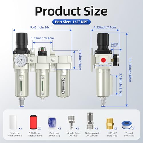 1/2" NPT Air Compressor Water Separator, Industrial Grade 3 Stage Air Drying System with 0-240 PSI Air Regulator, Particulate Filter, Coalescing Filter, Desiccant Dryer, Metal Bowl, Auto Drain - size: 1/2NPT