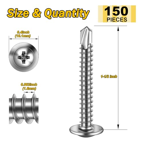 Mywish 150pcs #10×1-1/2" Self Tapping Screws for Metal, Sheet Metal Screws 410 Stainless Steel Truss Head Self Drilling Screws High-Strength Quick Tapping Screws - color: Silver, size: #10x1-1/2" (150 pcs)