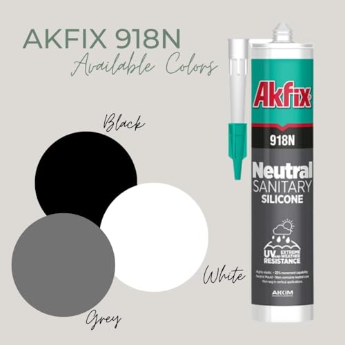 Akfix 918N White 100% Silicone Caulk for Kitchen and Bathroom (12x10.5 fl.oz.) - Solvent-Free, Low Odor, UV & Water Resistant, Fast Curing, Paintable, High Elasticity Silicone Sealant | White, 12 Pack - size: 12 Pack, style: Kitchen&Bath Silicone-White