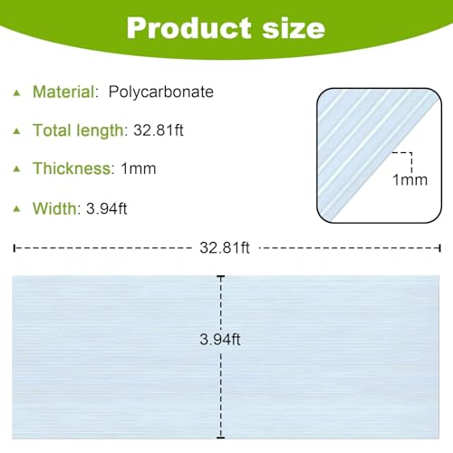 32.81×3.94 Ft Polycarbonate Roofing Sheet, 1mm Thickness Resistant Rainproof Greenhouse Panels, Insulated Transparent Clear Roofing Panels for Greenhouse Sunroom Canopy Balcony Pergola - size: 32.81 ft×3.94 ft