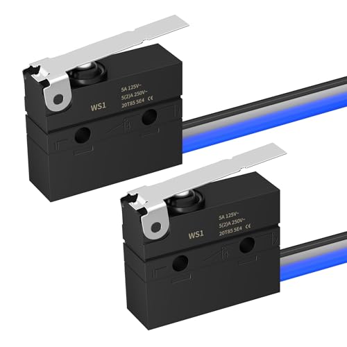 Joinfworld Waterproof Micro Limit Switch with Hinge Lever 6A 12V DC Lever Microswitch SPDT 3 PIN 5A 250VAC with Pre-Wired - 2 Pack - style: WS1-Hinge Lever