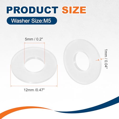 PATIKIL 125 Pcs Nylon Flat Washer M5 5mm ID 12mm OD 1mm THK White - color: White, size: 5mm x 12mm x 1mm