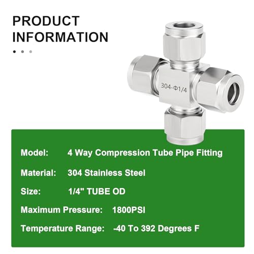 TAISHER 1PCS 304 Stainless Steel 4 Way Compression Tube Pipe Fitting Connector, 1/4" x 1/4" x 1/4" x 1/4" Tube OD Adapter