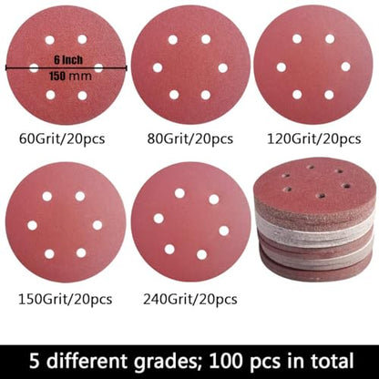 100 PCS 6 Inch 6 Holes Sanding Disc Assorted - 60 80 120 150 240 Grits, 6" Hook & Loop Backing Random Orbital Sandpaper Sander Paper for Automotive Paint, Woodworking Wood, Metal