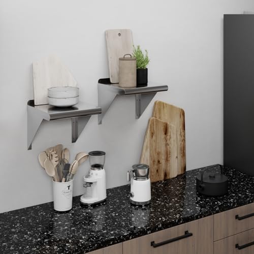 AmGood 12 in. Deep x 12 in. Wide Stainless Steel Wall Mount Shelf with Backsplash - Small Appliance & Tool Storage | NSF 18-Gauge 430, Holds 185 lbs | Bullnose Edge, Brackets Included - size: 12 in. x 12 in.