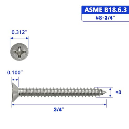 #8 x 3/4" Flat Head Sheet Metal Screws Phillips Drive Wood Screws, 304 Stainless Steel 18-8, Pack of 100 - color: Silver, size: #8 x 3/4"