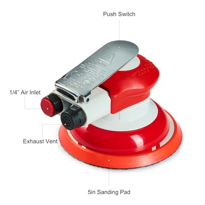 Professional Random Orbital Air Sander 5" Pneumatic Palm Sander DA Sander, Low Noise Reduction, 12000 RPM, Hook & Loop, for Auto Body, Car Detailing, Wood, Metal Polishing & Buffing - size: 5 inch