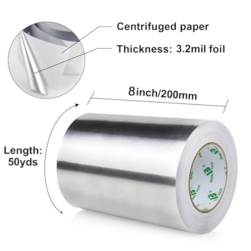 BOMEI PACK Aluminum Foil Tape, 8 inch x 50 Yds, Insulation Adhesive Metal High Temperature Heavy Duty HVAC Tape, Silver for Ductwork, Dryer Vent, HVAC, 3.2 Mil Thick - size: 200mm