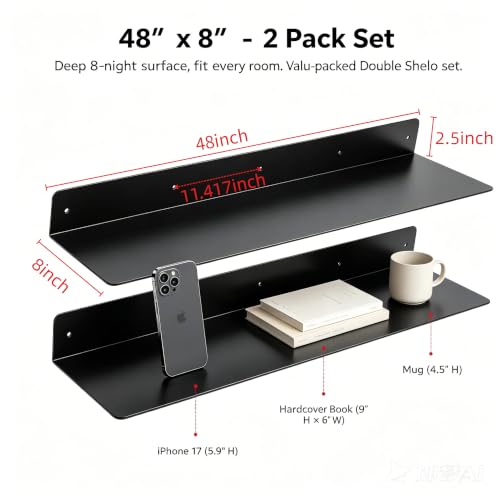 48 Inch 2-Pack Metal Floating Shelves for Wall, Heavy Duty Carbon Steel Floating Shelves, Farmhouse Industrial Home Rust-Proof Bathroom Kitchen Living Room Garage Storage Rack with Anchors