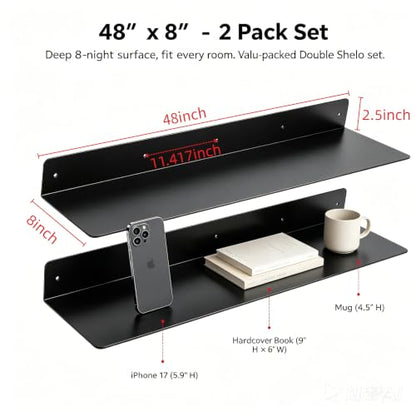 48 Inch 2-Pack Metal Floating Shelves for Wall, Heavy Duty Carbon Steel Floating Shelves, Farmhouse Industrial Home Rust-Proof Bathroom Kitchen Living Room Garage Storage Rack with Anchors