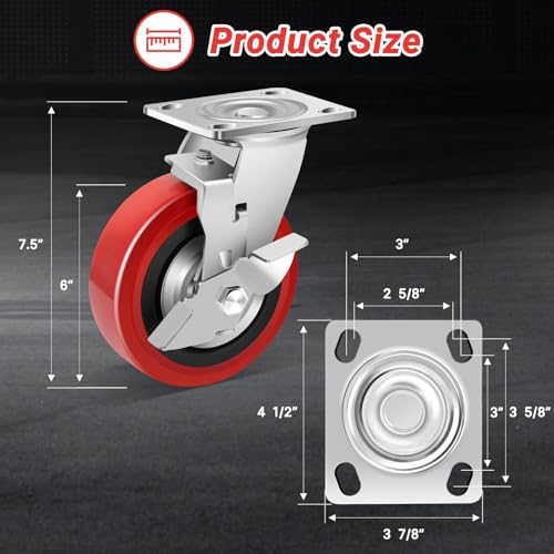 Nefish 6 Inch Industrial Grade Casters Wheels, Heavy Duty Polyurethane Casters Set of 4 with Dual Ball Bearing, Solid Polyurethane Wheel 4500 Lb, Plate Swivel Casters for Cart, Industrial, Machine - style: 6 IN (4 Brakes)