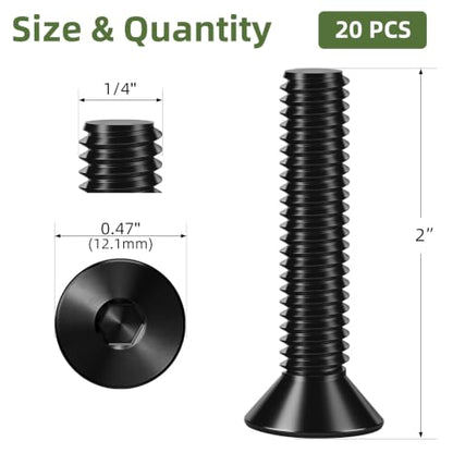 20 PCS 1/4"-20 x 2 Flat Head Socket Cap Screws Bolts, 10.9 Grade Carbon Steel Countersunk Allen Bolts, Full Thread, Black Coating, Screwdriver Included - color: Black, size: 1/4"-20 x 2"