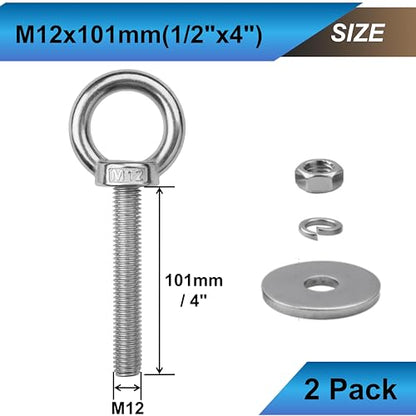 2 Sets M12 Eye Bolts with Nuts, Stainless Steel 1/2" x 4" EyeBolts - size: 1/2"x4"