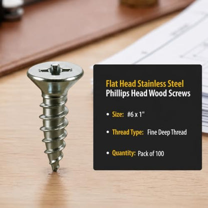 BCP Fasteners 100 Qty #6 x 1" Flat Head 304 Stainless Phillips Head Wood Screws (BCP19) - size: #6 x 1"
