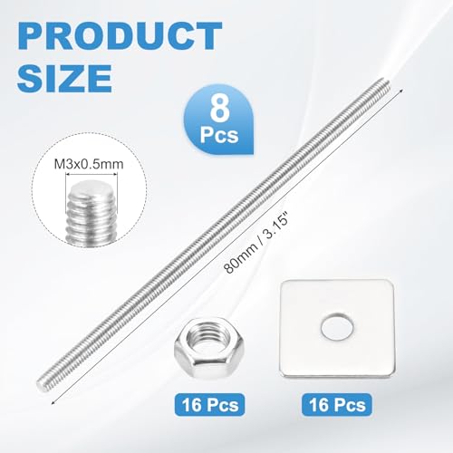 MECCANIXITY 8Set M3x80mm Fully Threaded Rod Threaded Rods Bar Studs - size: M3x80mm