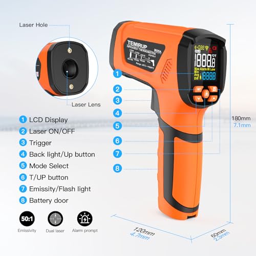 Infrared Thermometer Temperature Gun,-40℉~2912℉ Pyrometer, 50:1 High Temp Thermometer with Thermocouple Probe, Non-Contact Digital IR Laser Thermometer for Industrial HVAC Forge Metal