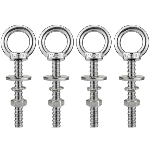 M10 x 76mm Stainless Eye Bolt with Nuts 4 Pack, 3/8" x 3 inch Long Shoulder Lifting Ring Eye Bolt for Boat & Hanging, Heavy Duty Marine Grade Threaded Eyebolts for Swing Tie Down Outdoor - size: M10x76mm (3/8"x3")