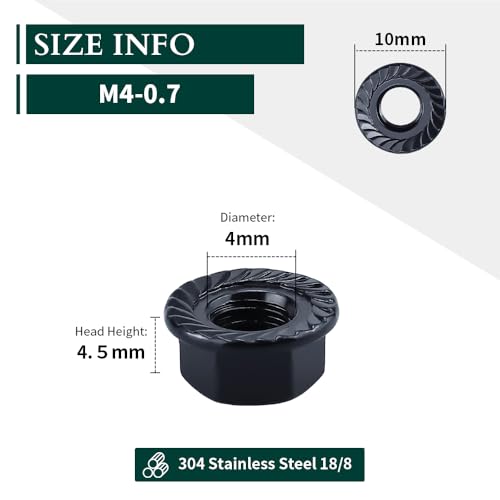 M4-0.7 Hex Head Serrated Flange Nuts, 304 Stainless Steel 18-8 Hexagon Head Flange Nuts for Home Automotive DIYer, Black Oxide Finish, Hex Drive, 50 PCS - size: M4-0.7
