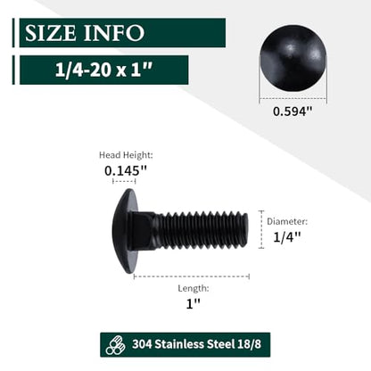 1/4-20 x 1 Black Steel Carriage Bolts, 304 Stainless Steel 18-8, Round Domed Head Square Neck Carriage Bolts Screws, Coarse Thread UNC, 25 PCS - size: 1/4-20 x 1"